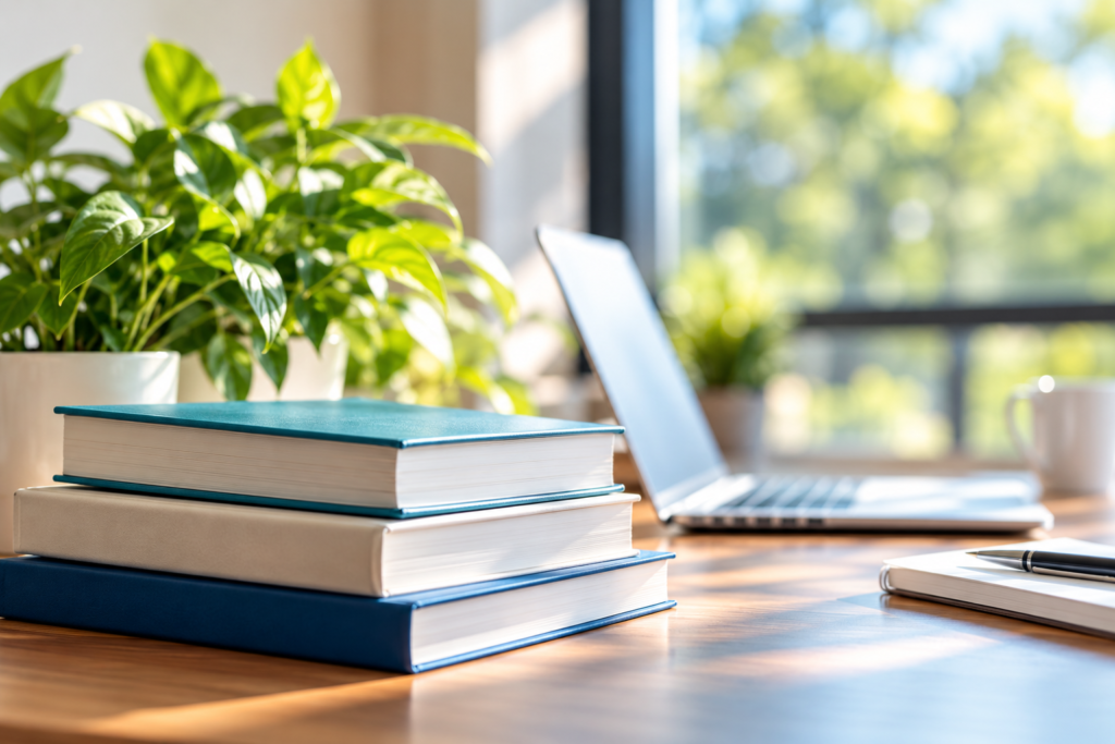 Bright workspace with books and a laptop for cognitive health research studies