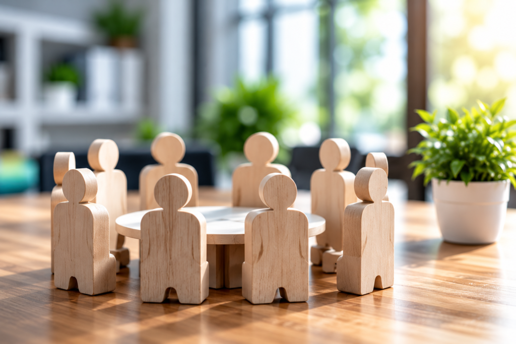 Wooden human figurines collaborating around a table representing teamwork and education
