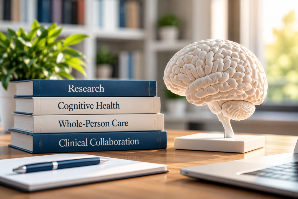 Research books on cognitive health and clinical collaboration with a brain model
